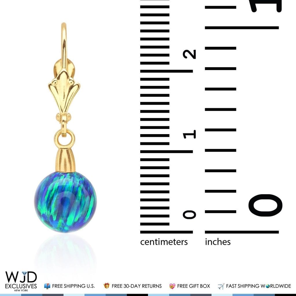 8 mm Ball Shaped Blue Green Fire Opal Leverback Dangle Earrings 14K Yellow Gold