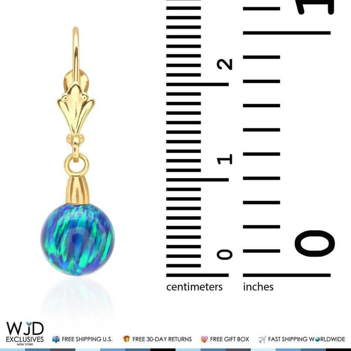 8mm Ball Shaped Blue Green Fire Opal Leverback Dangle Earrings 14K Yellow Gold