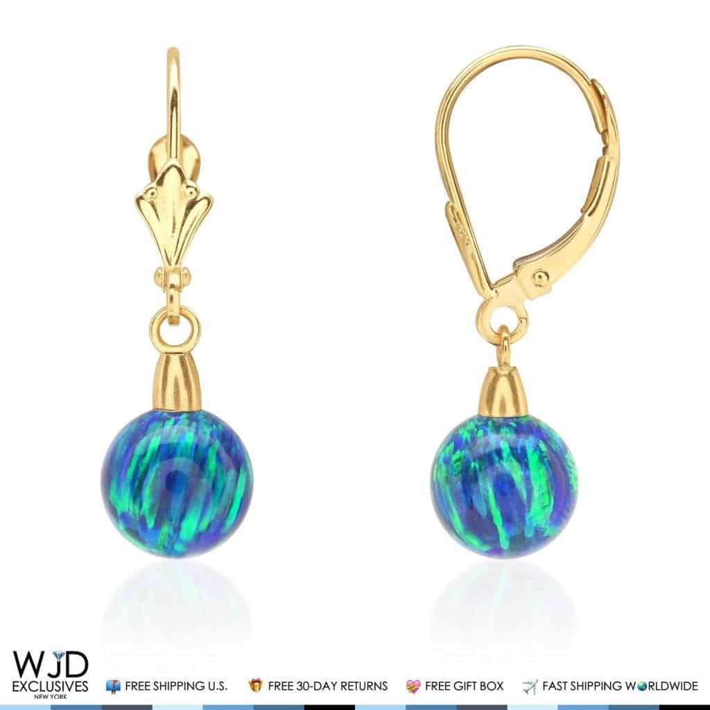8 mm Ball Shaped Blue Green Fire Opal Leverback Dangle Earrings 14K Yellow Gold