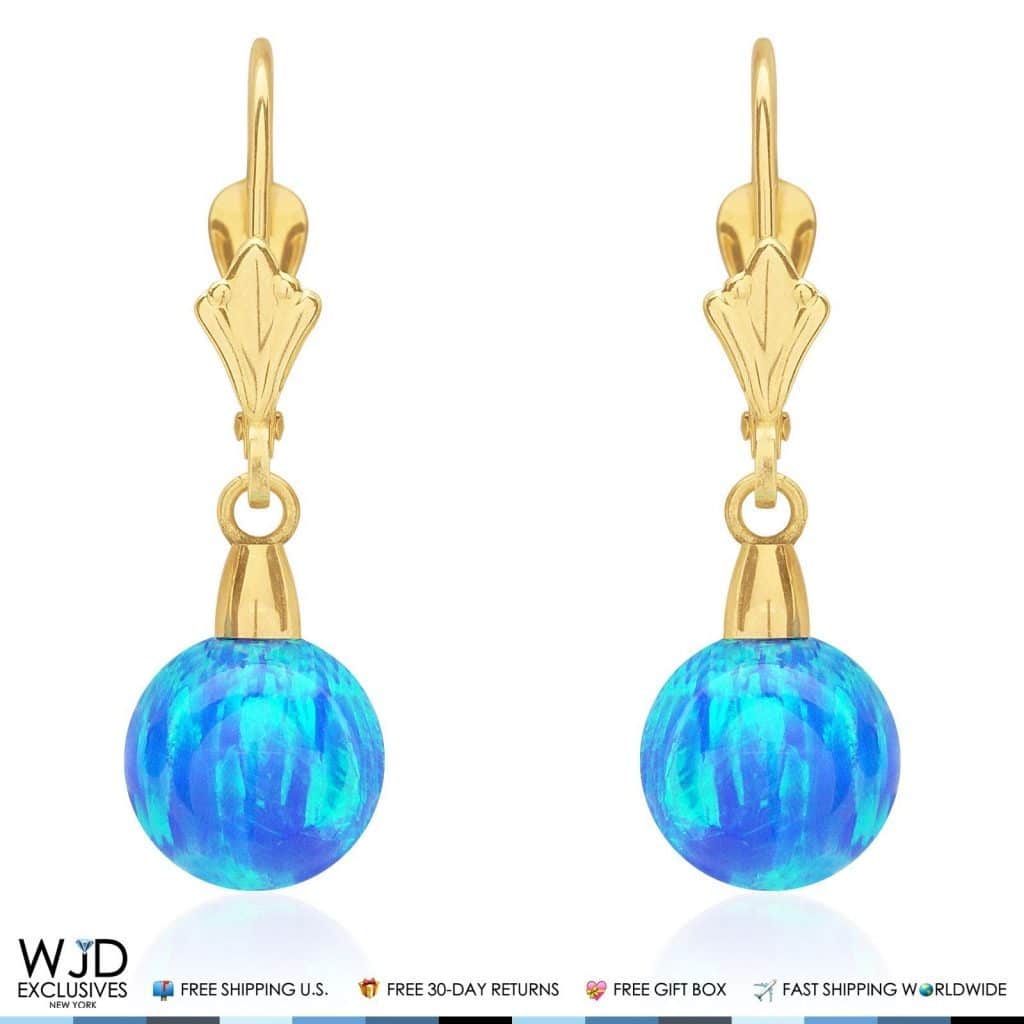 8 mm Ball Shaped Deep Blue Fire Opal Leverback Dangle Earrings 14K Yellow Gold