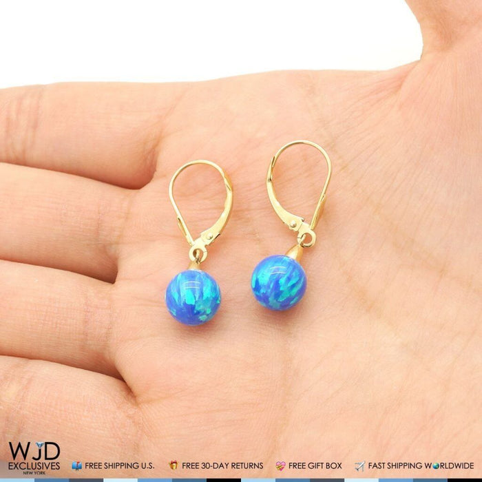8mm Ball Shaped Deep Blue Fire Opal Leverback Dangle Earrings 14K Yellow Gold