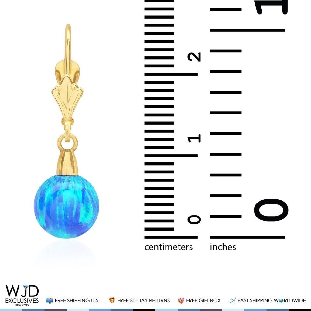 8 mm Ball Shaped Deep Blue Fire Opal Leverback Dangle Earrings 14K Yellow Gold