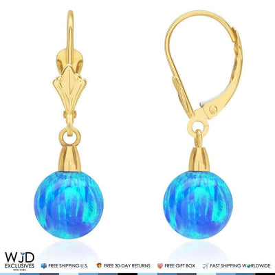 8mm Ball Shaped Deep Blue Fire Opal Leverback Dangle Earrings 14K Yellow Gold