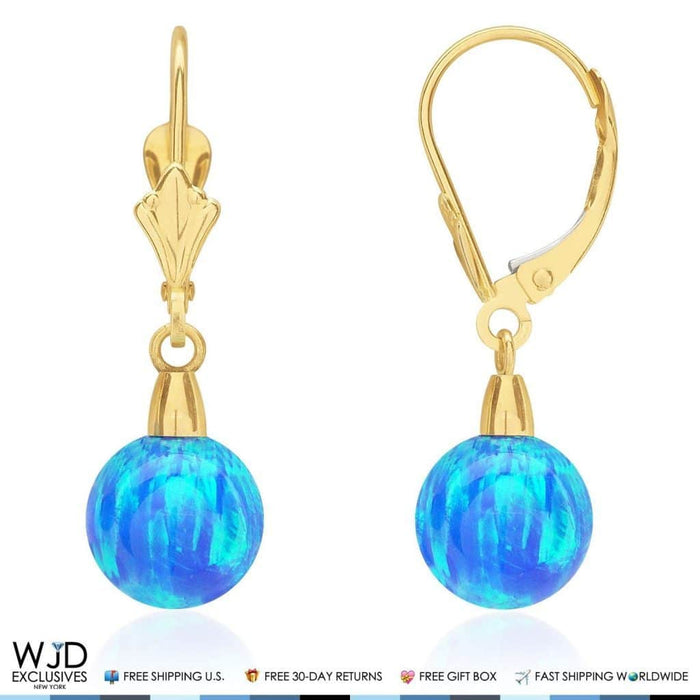 8mm Ball Shaped Deep Blue Fire Opal Leverback Dangle Earrings 14K Yellow Gold