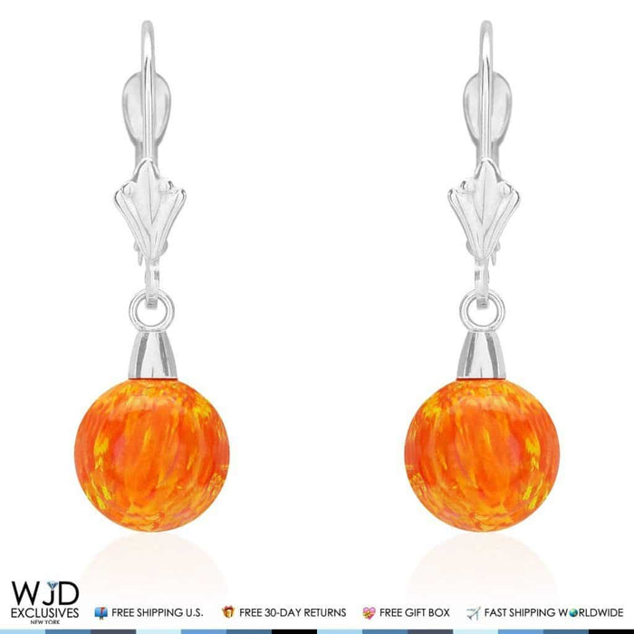 8mm Ball Shaped Orange Fire Opal Leverback Dangle Earrings 14K White Gold 1"