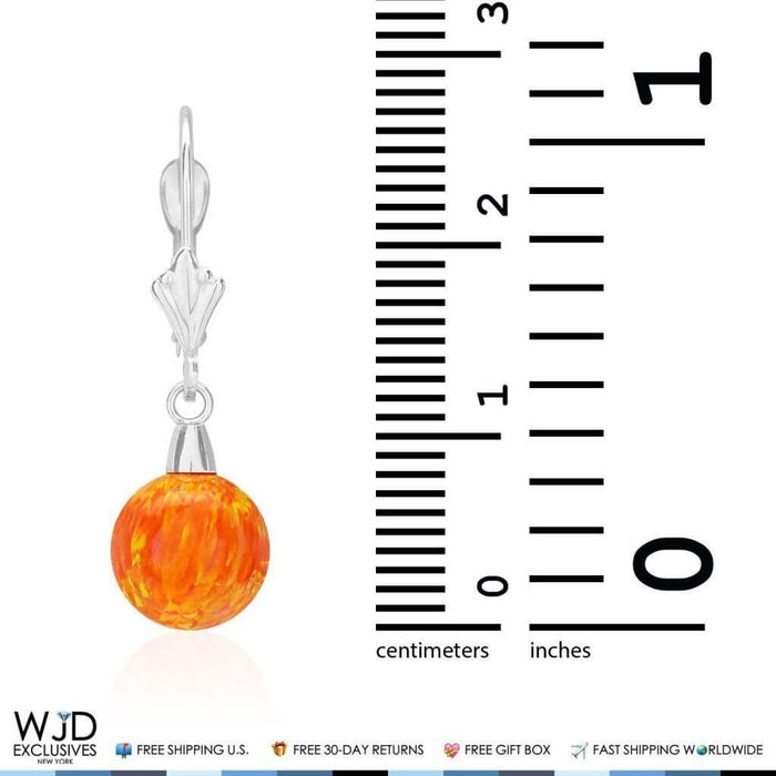8mm Ball Shaped Orange Fire Opal Leverback Dangle Earrings 14K White Gold 1"