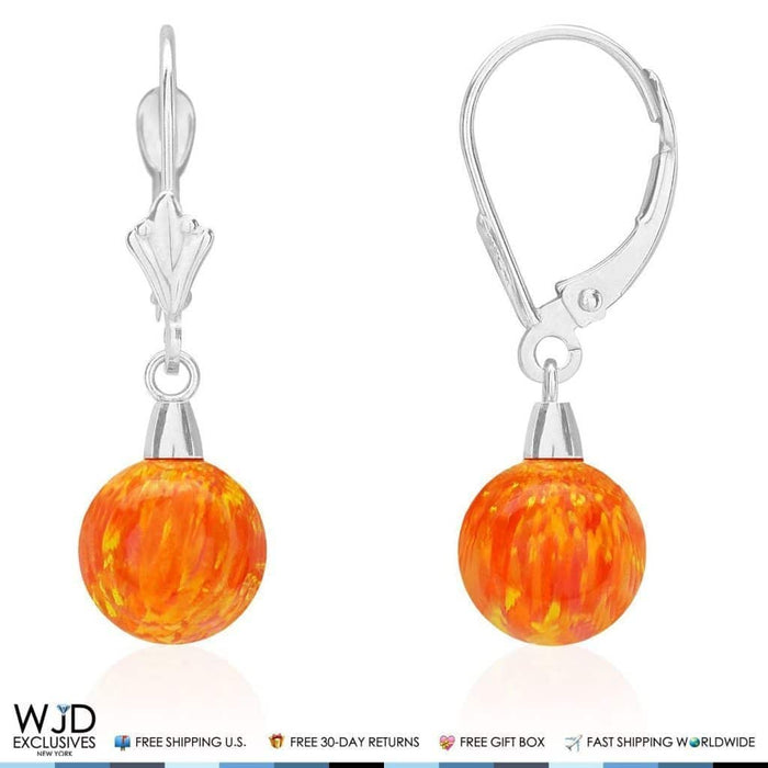 8mm Ball Shaped Orange Fire Opal Leverback Dangle Earrings 14K White Gold 1"
