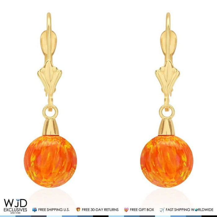 8mm Ball Shaped Orange Fire Opal Leverback Dangle Earrings 14K Yellow Gold 1"
