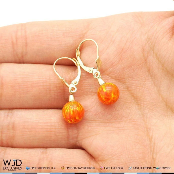 8mm Ball Shaped Orange Fire Opal Leverback Dangle Earrings 14K Yellow Gold 1"