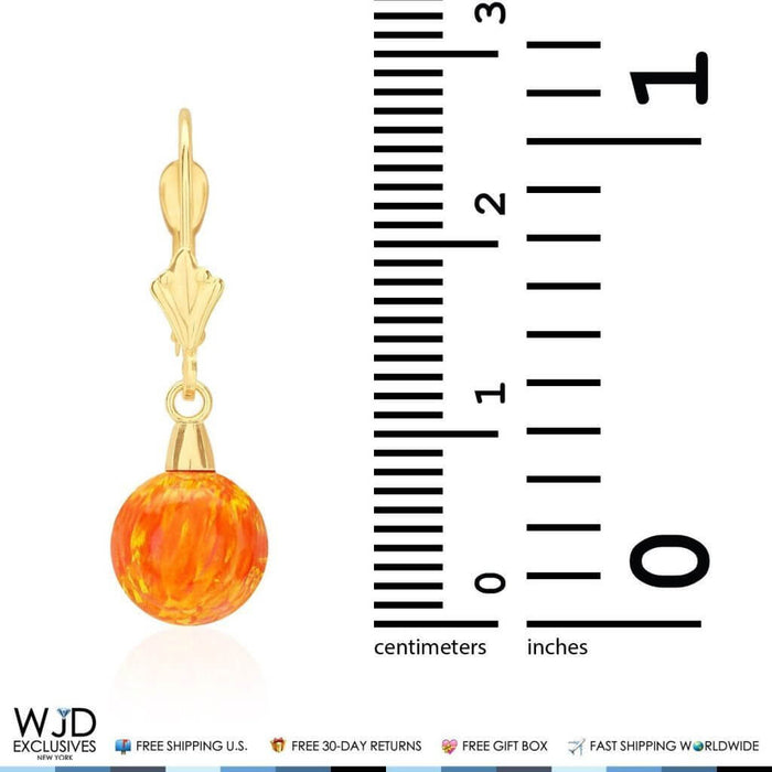 8mm Ball Shaped Orange Fire Opal Leverback Dangle Earrings 14K Yellow Gold 1"