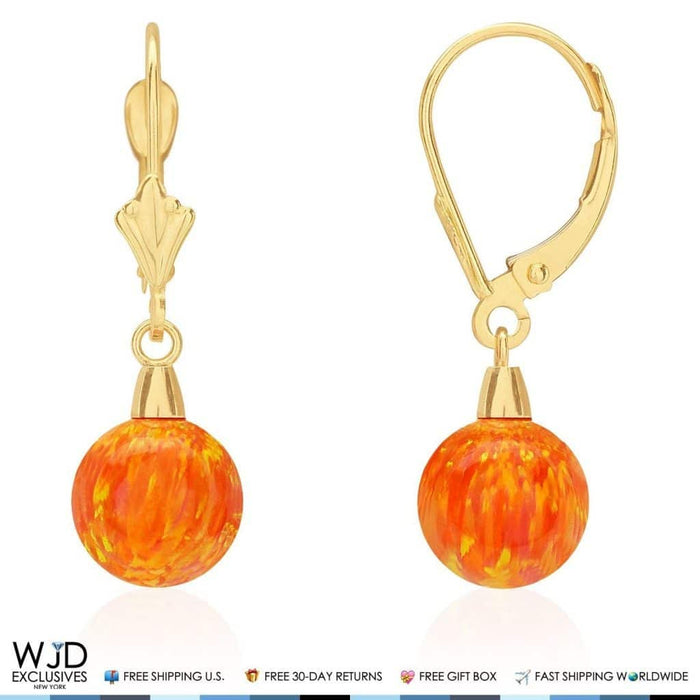 8mm Ball Shaped Orange Fire Opal Leverback Dangle Earrings 14K Yellow Gold 1"