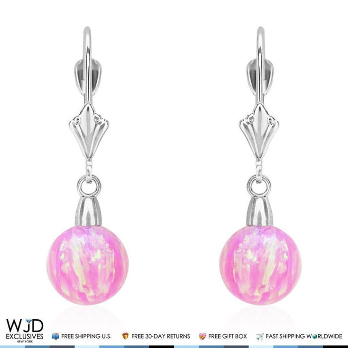 6mm-10mm Ball Shaped Pink Fire Opal Leverback Dangle Earrings 14K White Gold