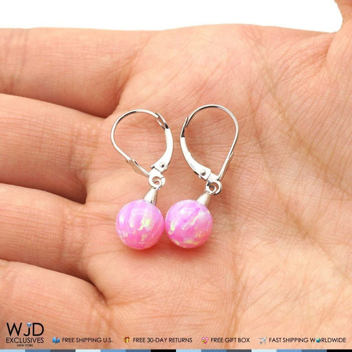 6mm-10mm Ball Shaped Pink Fire Opal Leverback Dangle Earrings 14K White Gold