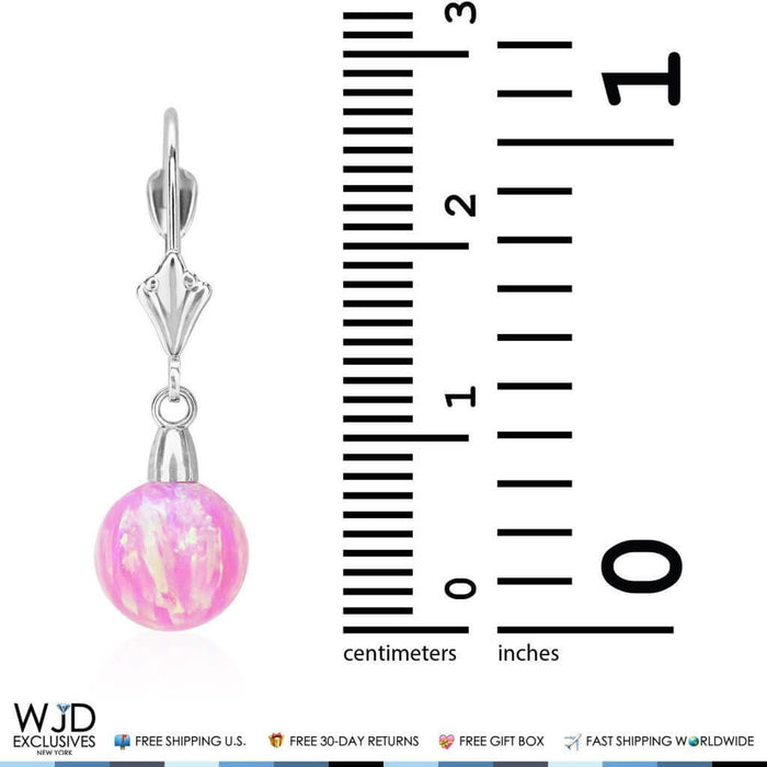 6mm-10mm Ball Shaped Pink Fire Opal Leverback Dangle Earrings 14K White Gold