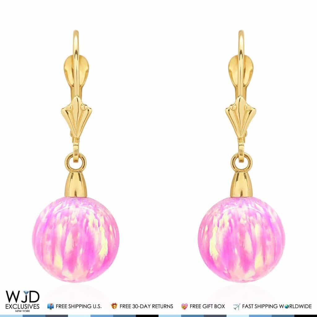 6mm-10mm Ball Shaped Pink Fire Opal Leverback Dangle Earrings 14K Yellow Gold