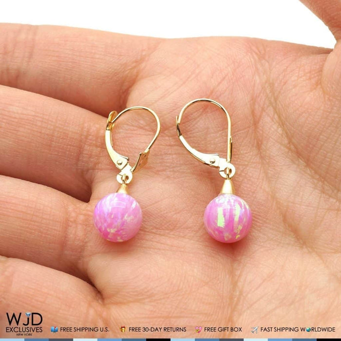 6mm-10mm Ball Shaped Pink Fire Opal Leverback Dangle Earrings 14K Yellow Gold