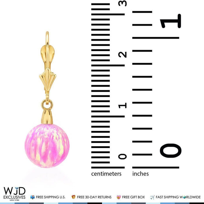 6mm-10mm Ball Shaped Pink Fire Opal Leverback Dangle Earrings 14K Yellow Gold