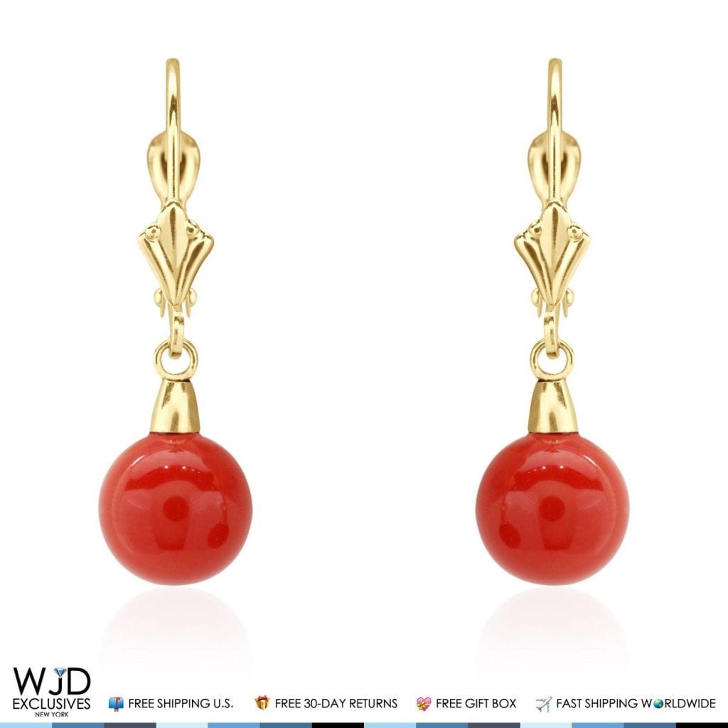 8 mm Ball Shaped Red Coral Leverback Dangle Earrings 14K Solid Yellow Gold 1"