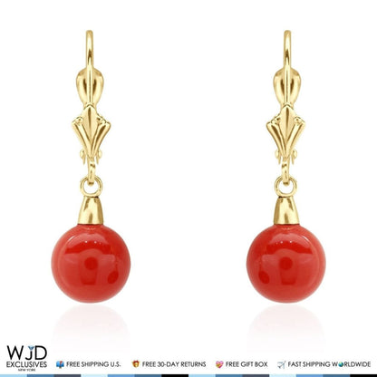 8 mm Ball Shaped Red Coral Leverback Dangle Earrings 14K Solid Yellow Gold 1"