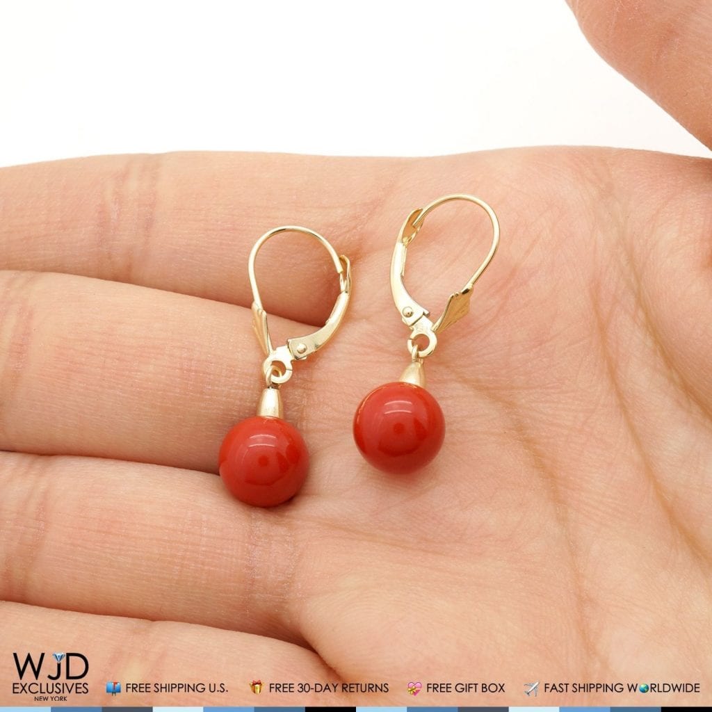 8 mm Ball Shaped Red Coral Leverback Dangle Earrings 14K Solid Yellow Gold 1"