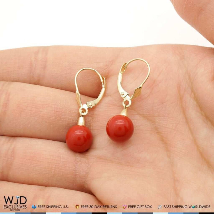 8mm Ball Shaped Red Coral Leverback Dangle Earrings 14K Yellow Gold 1"