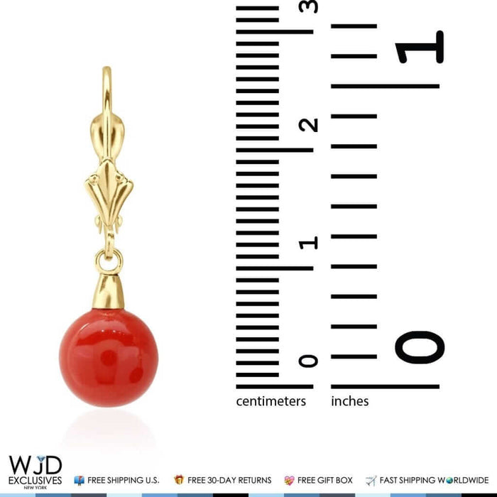8mm Ball Shaped Red Coral Leverback Dangle Earrings 14K Yellow Gold 1"