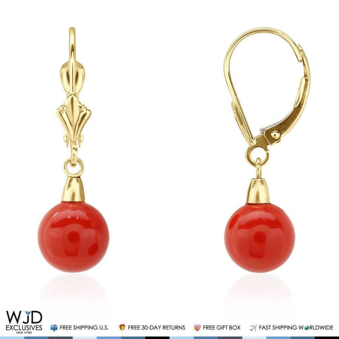 8mm Ball Shaped Red Coral Leverback Dangle Earrings 14K Yellow Gold 1"