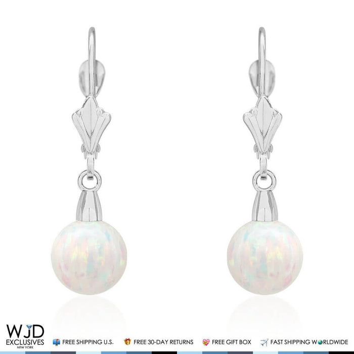 8mm Ball Shaped White Fire Opal Leverback Dangle Earrings 14K White Gold