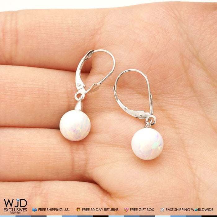 8mm Ball Shaped White Fire Opal Leverback Dangle Earrings 14K White Gold
