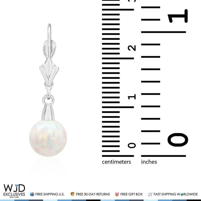 8mm Ball Shaped White Fire Opal Leverback Dangle Earrings 14K White Gold