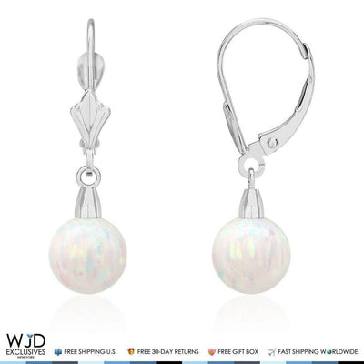 8mm Ball Shaped White Fire Opal Leverback Dangle Earrings 14K White Gold