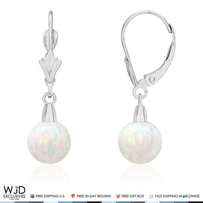 8mm Ball Shaped White Fire Opal Leverback Dangle Earrings 14K White Gold