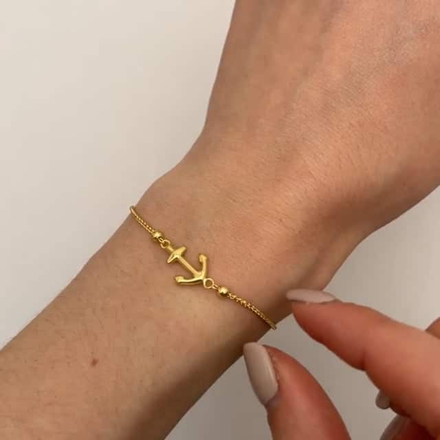 14K Yellow Gold Anchor Medallion Friendship Bolo Bracelet (Solid Links) 5" - 9.25" Adjustable - WJD Exclusives
