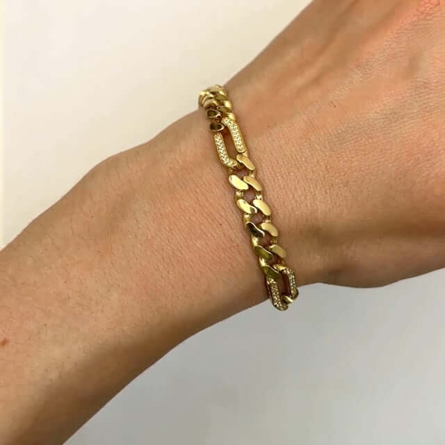 14K Yellow Gold CZ Pave 7mm Figaro Miami Cuban Bracelet (Hollow) 7.5" - WJD Exclusives