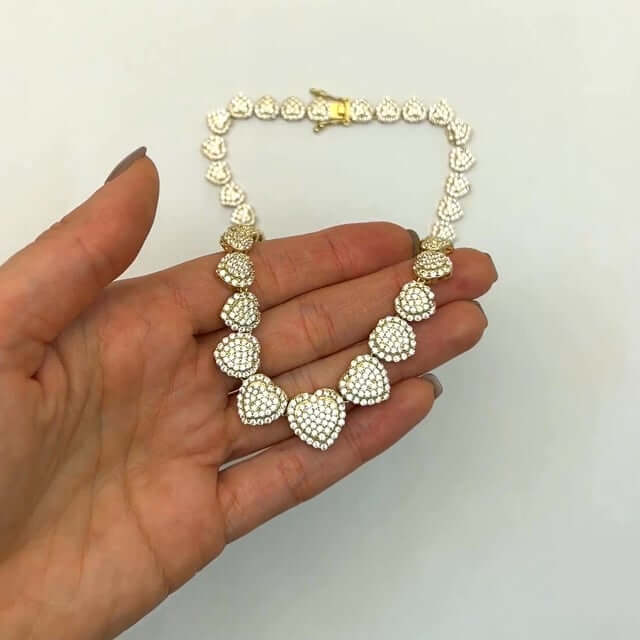 14K Yellow Gold CZ Graduated Heart Cluster Tennis Necklace 18" - WJD Exclusives