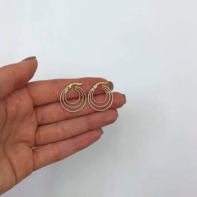 14K Gold Tri - Color Yellow White Rose Diamond - Cut Trinity Hoop Earrings 22mm - WJD Exclusives