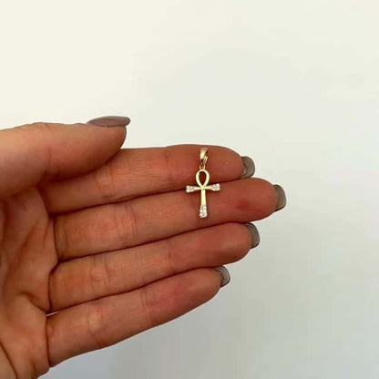.05CTW Real Diamond 10K Gold Yellow White Rose Ankh Cross Pendant