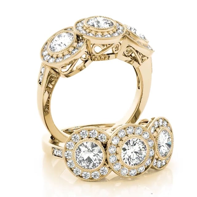 1.90CTW Lab-Grown Diamond 14K Gold Round Halo Present Past Future Ring