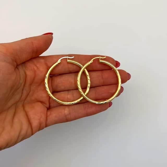 14K Real Yellow Gold 3mm Diamond-Cut Hoop Earrings 1.6"