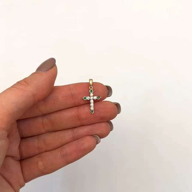 .22CTW Natural Diamond Emerald 10K Gold Yellow White Cross Pendant 0.8" - WJD Exclusives