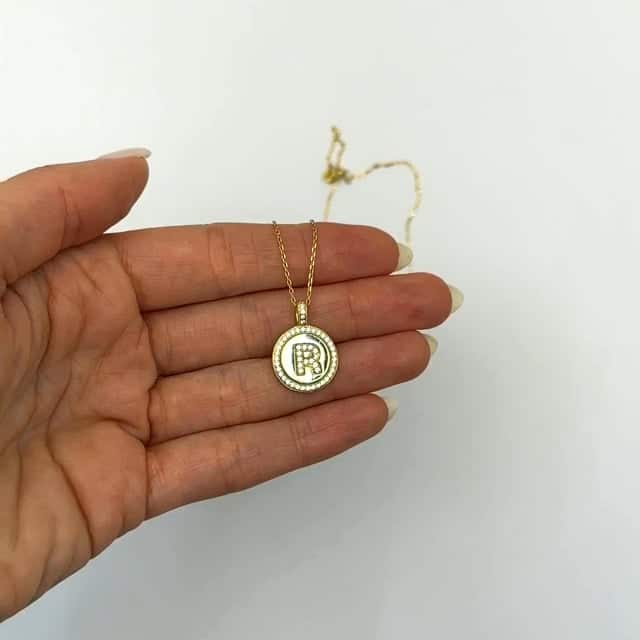 18K Yellow Gold Over Silver CZ Round Initial Pendant Necklace 18"