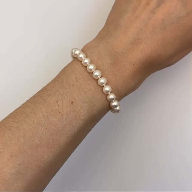 14K Yellow Gold 6mm Cultured Pearls Fish Clasp Bracelet (Solid Links) 7"