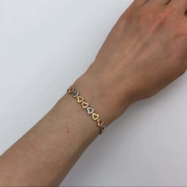 14K Gold Tri-Color Yellow White Rose Hearts Friendship Bolo Bracelet 9.25" Adjus