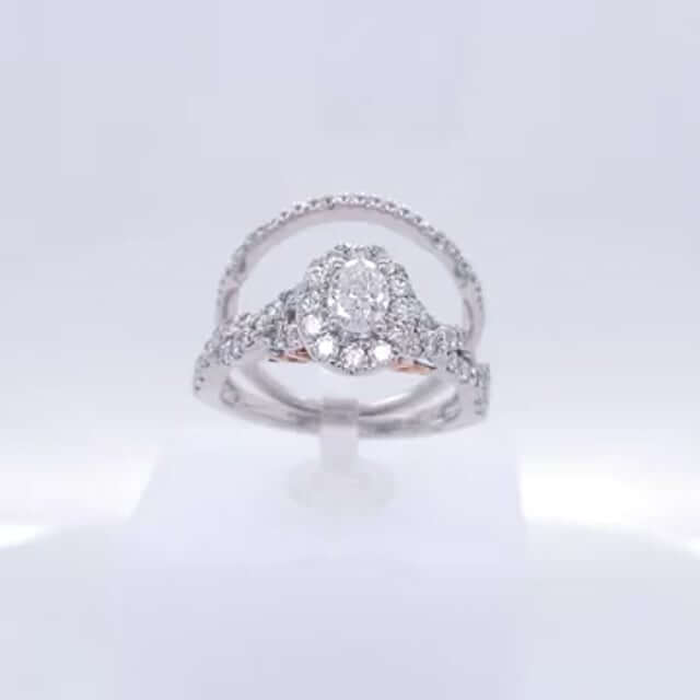 1CTW Natural Diamond 14K Gold Two - Tone White Rose Oval Halo Bridal Wedding Set - WJD Exclusives