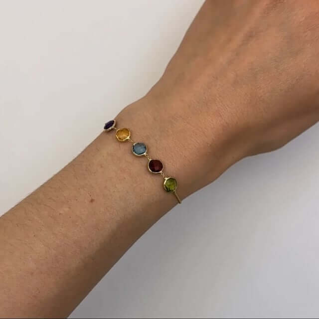 14K Yellow Gold Multi - Gemstone Bolo Bracelet (Amethyst, Citrine, Blue Topaz, Garnet, Peridot) (Solid Links) 5" - 9.25" Adjustable - WJD Exclusives