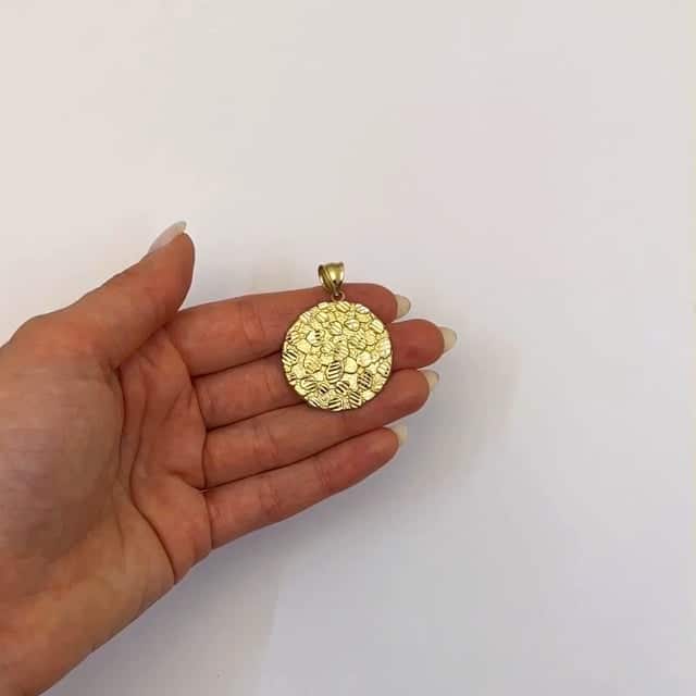 10K Yellow Gold Diamond - Cut Round Nugget Pendant 1.6" - WJD Exclusives