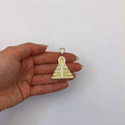 10K Yellow Gold CZ Egyptian Ankh Pyramid Pendant 1.7"