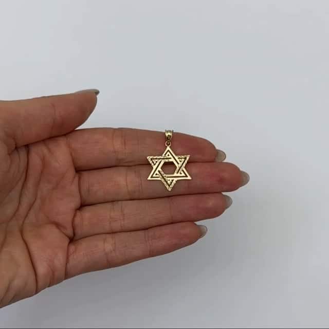 Real 14K Gold Diamond - Cut Textured Double Row Star of David Pendant 1" - WJD Exclusives