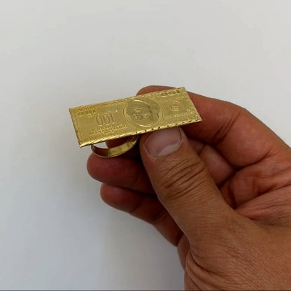 10K Yellow Gold One Hundred 100 Dollar Bill Two-Finger Ring