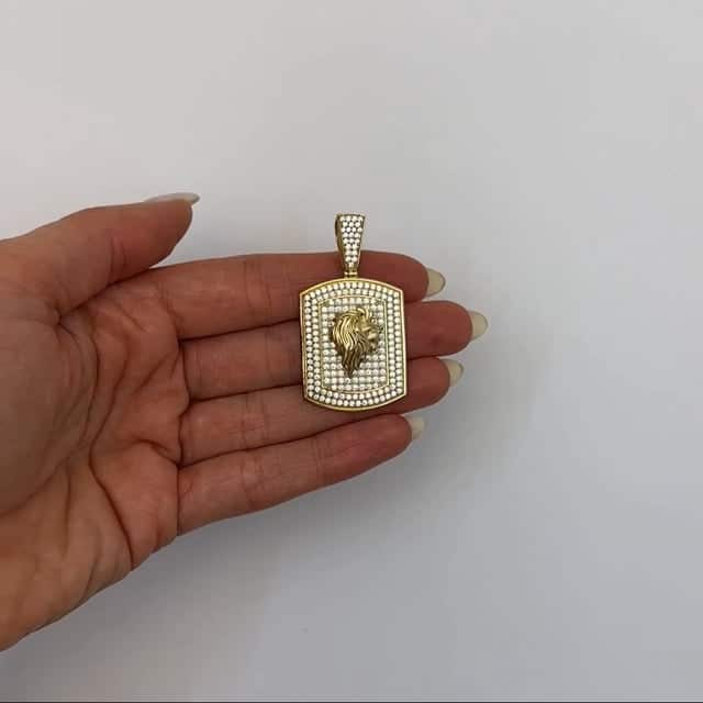 10K Yellow Gold CZ Pave Rectangular Lion Face Pendant 1.8" - WJD Exclusives